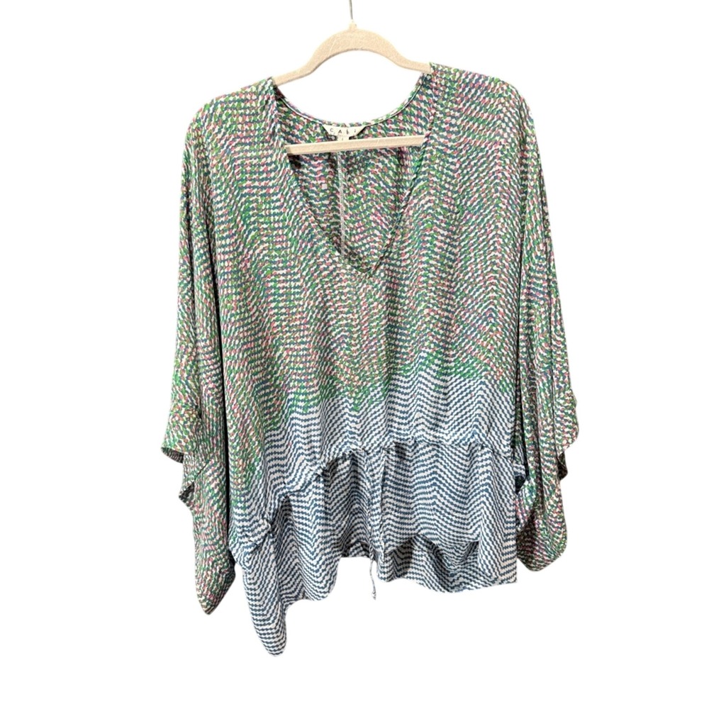 Cabi (Green) Chevron Print V-Neck Drawstring Blouse Women Large